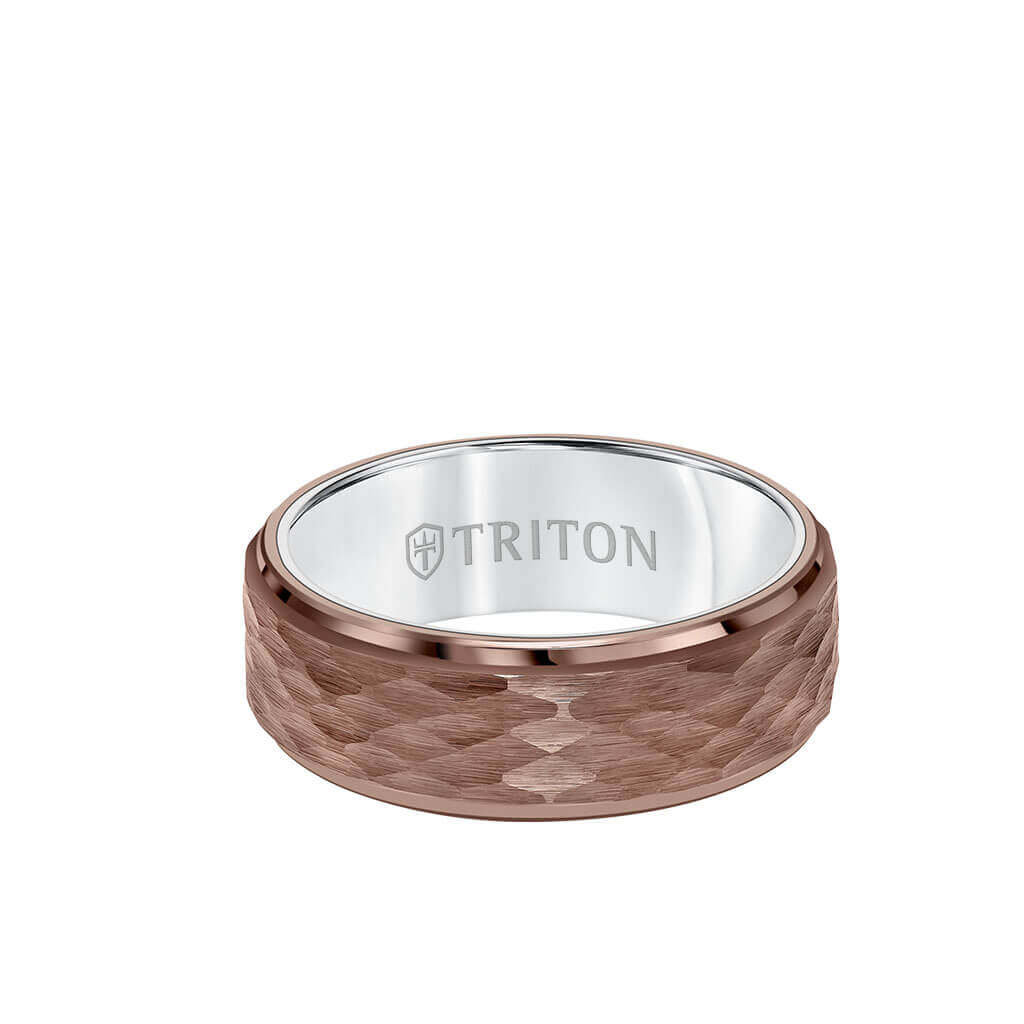 Espresso Tungsten Wedding Ring - Hammered Center & Step Edge