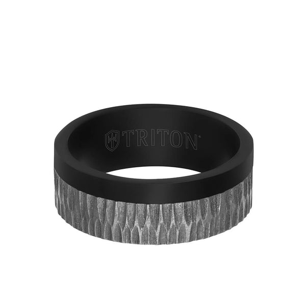 8MM Black Tantalum Ring - Brushed Grey Asymmetrical Inlay and Flat