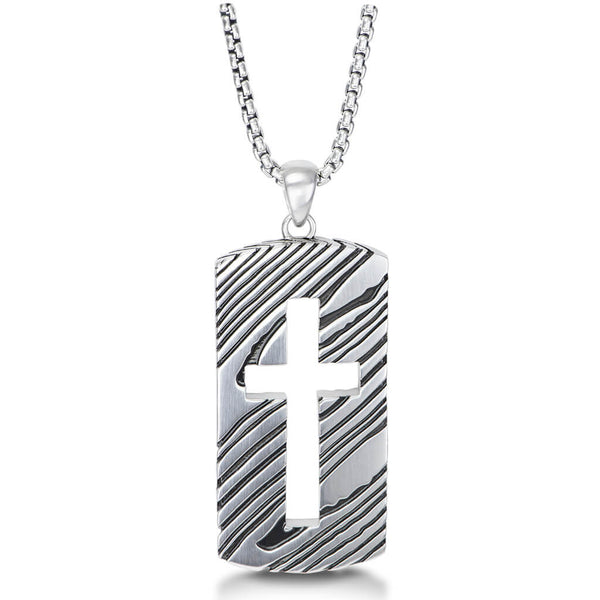 Triton Dog Tag Cross Necklace Silver with Damascus Pattern