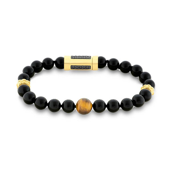 Bracelet En Cuir Marron Avec Perles D'onyx Et Rondelles De Cristal Noir