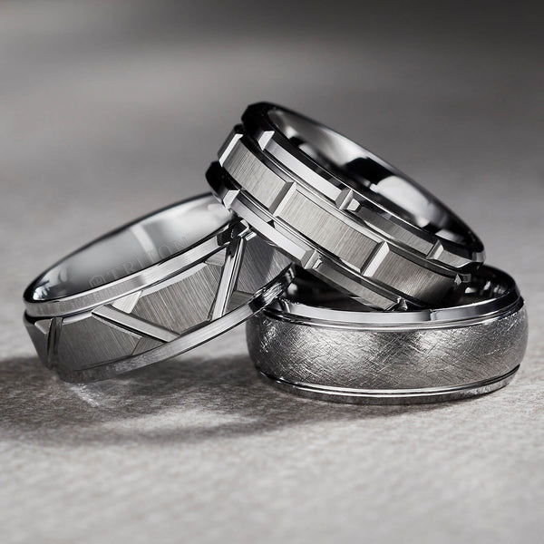 Men's Tungsten Ring – Rectangular Pattern Design, Polished Silver, Size 8 | Solid Tungsten Wedding Band