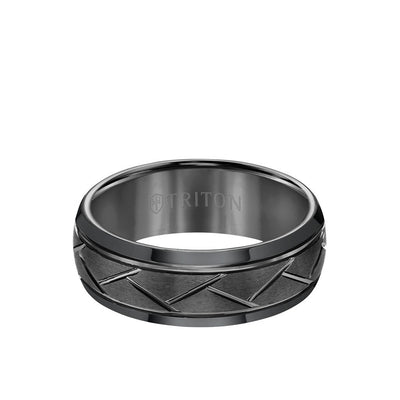 8MM Tungsten Carbide Ring - Domed Alternating Diagonal Cuts and Bevel Edge