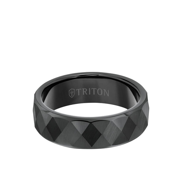7MM Tungsten Carbide Ring - Faceted Diamond Pattern and Flat