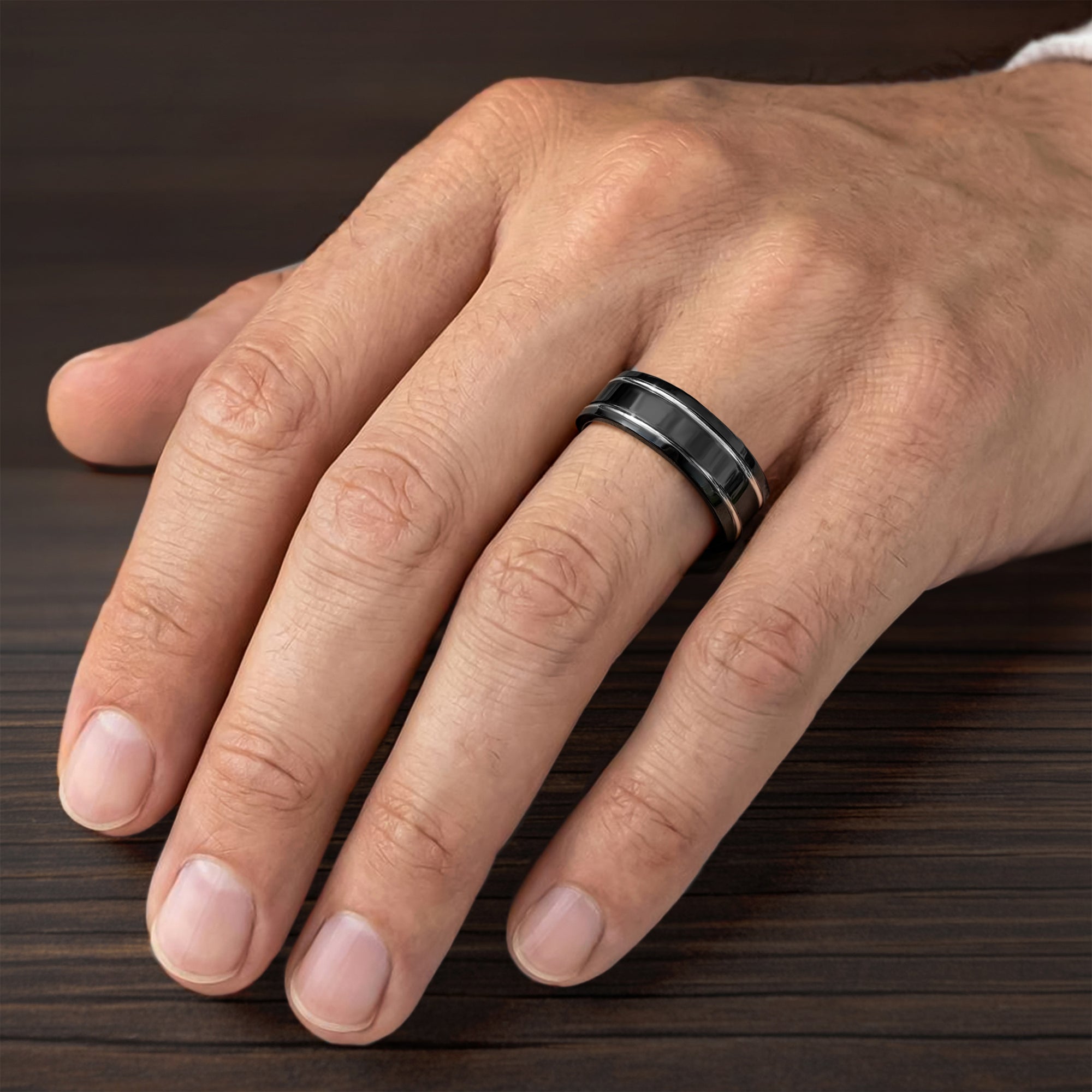 7MM Titanium Ring - Domed Black Satin Center and Bevel Edge