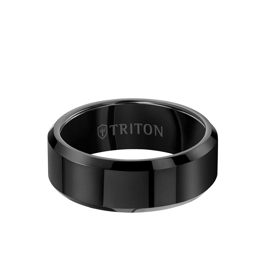 Men's Tungsten Wedding Ring Bright Finish Bevel Edge Triton