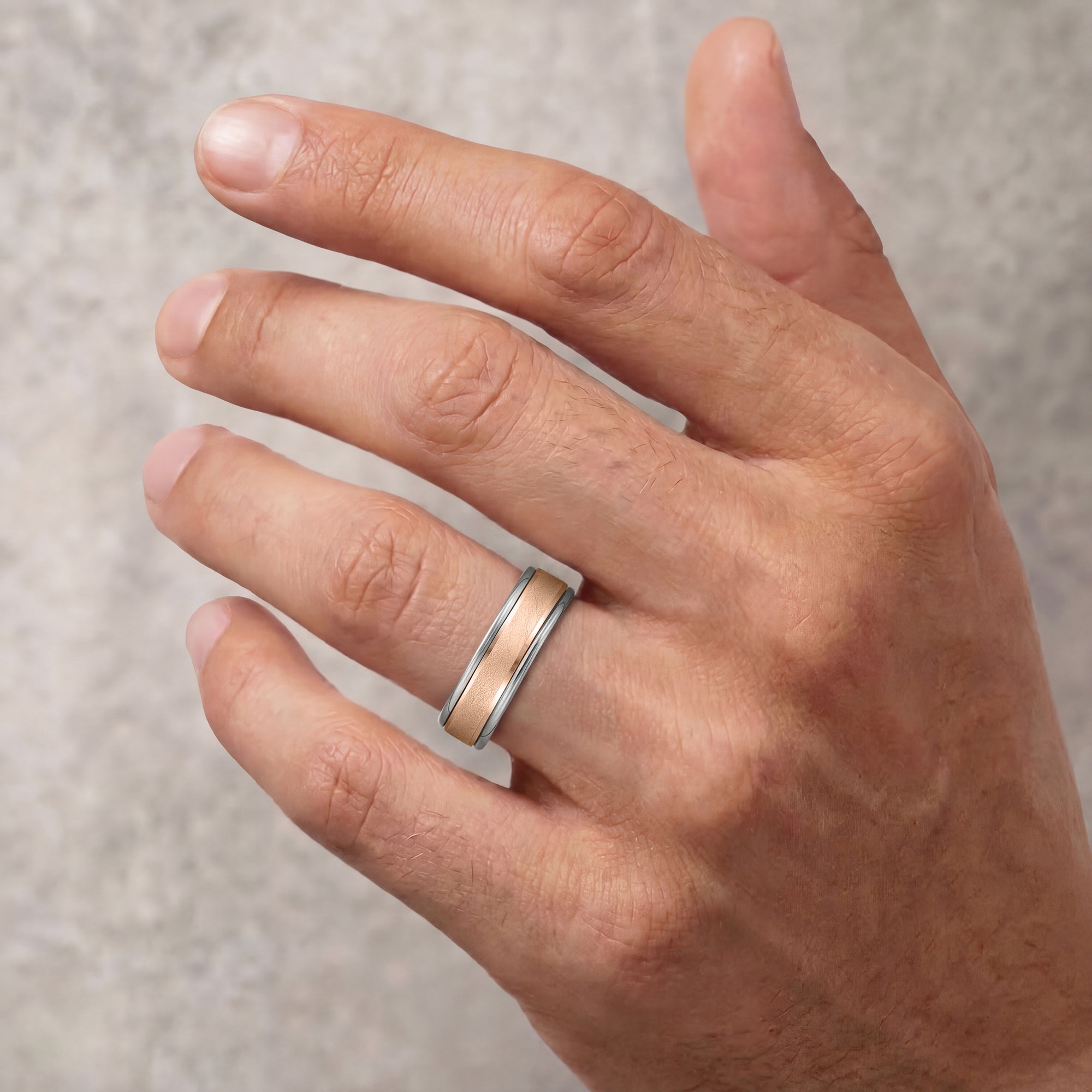 8MM Grey Tungsten Carbide Ring - Crystalline 14K Rose Gold Insert with Round Edge