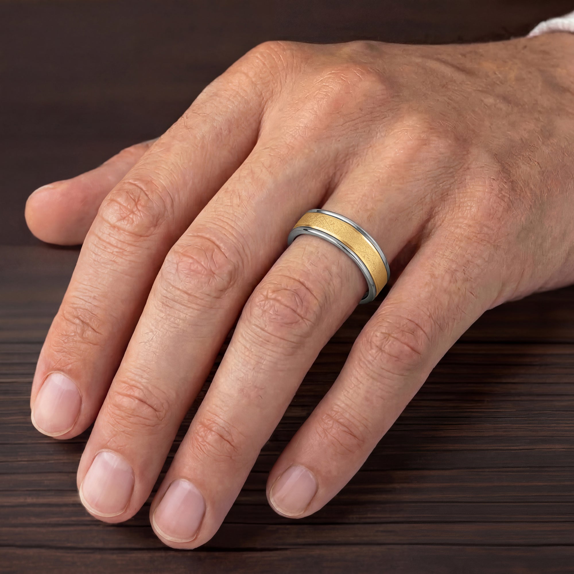 6MM Grey Tungsten Carbide Ring - Crystalline 14K Yellow Gold Insert with Round Edge