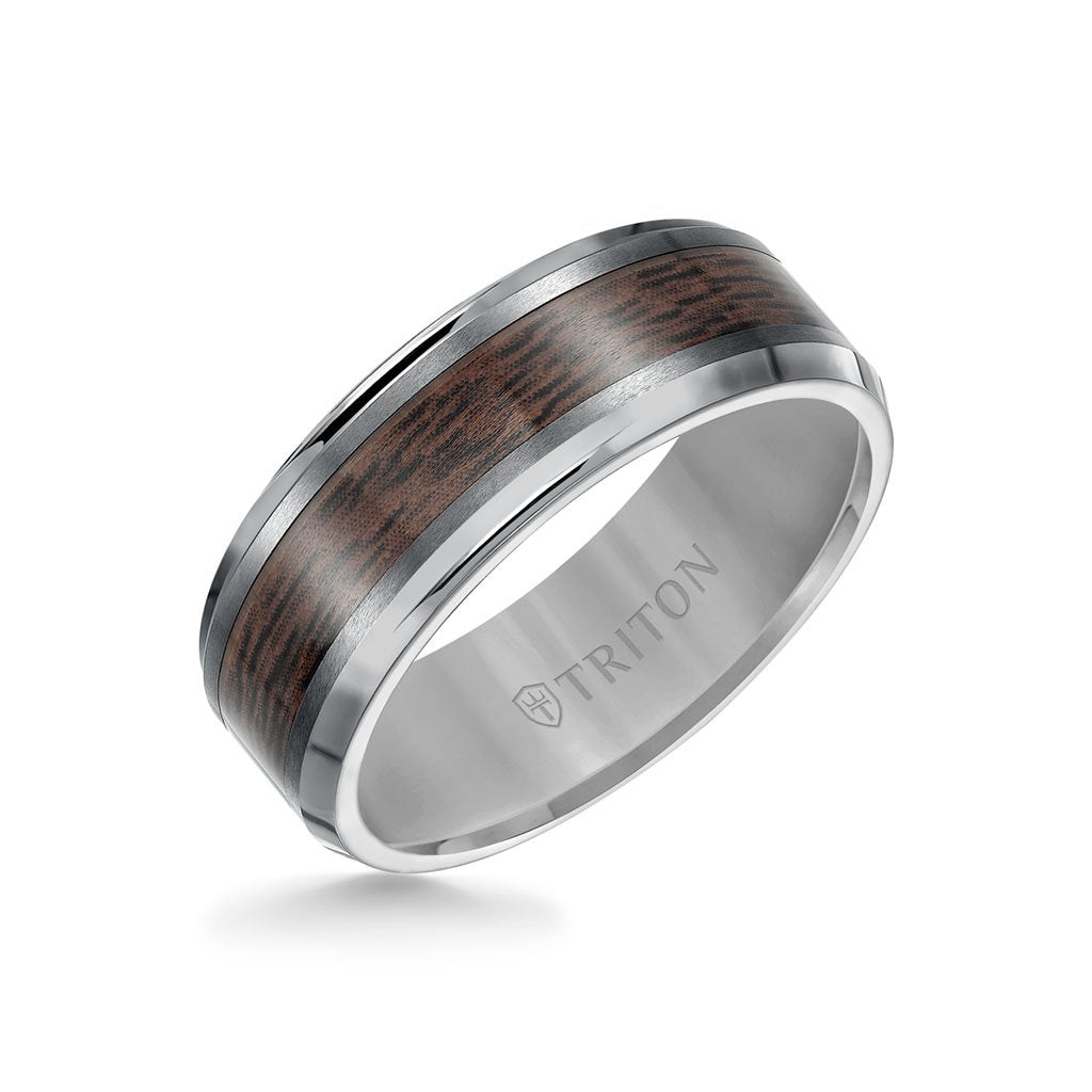 Tungsten 8 mm Beveled-Edge Band with Acacia Wood Inlay Tungsten 8 mm Beveled-Edge Band with Acacia Wood Inlay