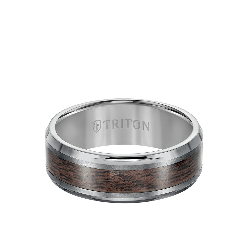 Tungsten 8 mm Beveled-Edge Band with Acacia Wood Inlay Tungsten 8 mm Beveled-Edge Band with Acacia Wood Inlay