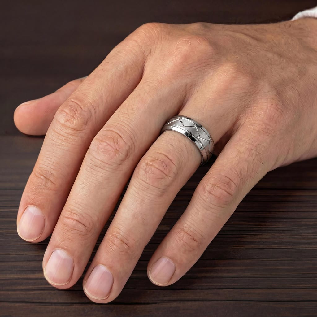 8MM Tungsten Carbide Ring - Domed Alternating Diagonal Cuts and Bevel Edge