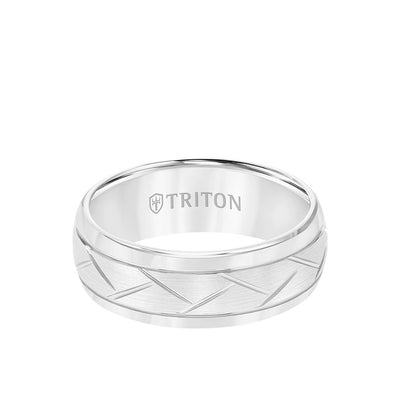 8MM Tungsten Carbide Ring - Domed Alternating Diagonal Cuts and Bevel Edge