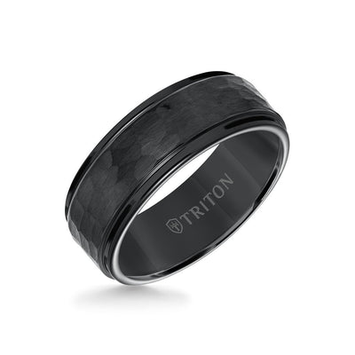 8MM Tungsten Carbide Ring Hammered Center & Step Edge - Triton Jewelry