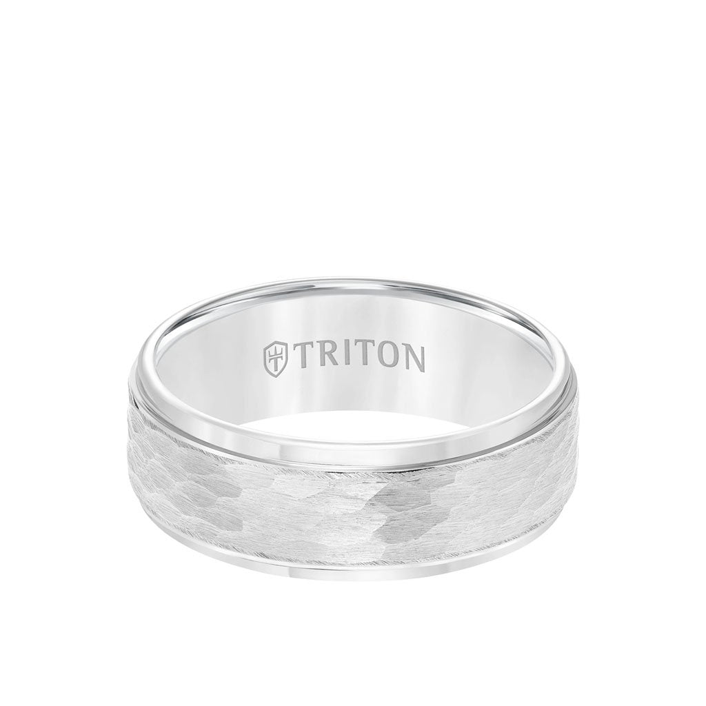 Men's Tungsten Wedding Ring Hammered Center Step Edge Triton