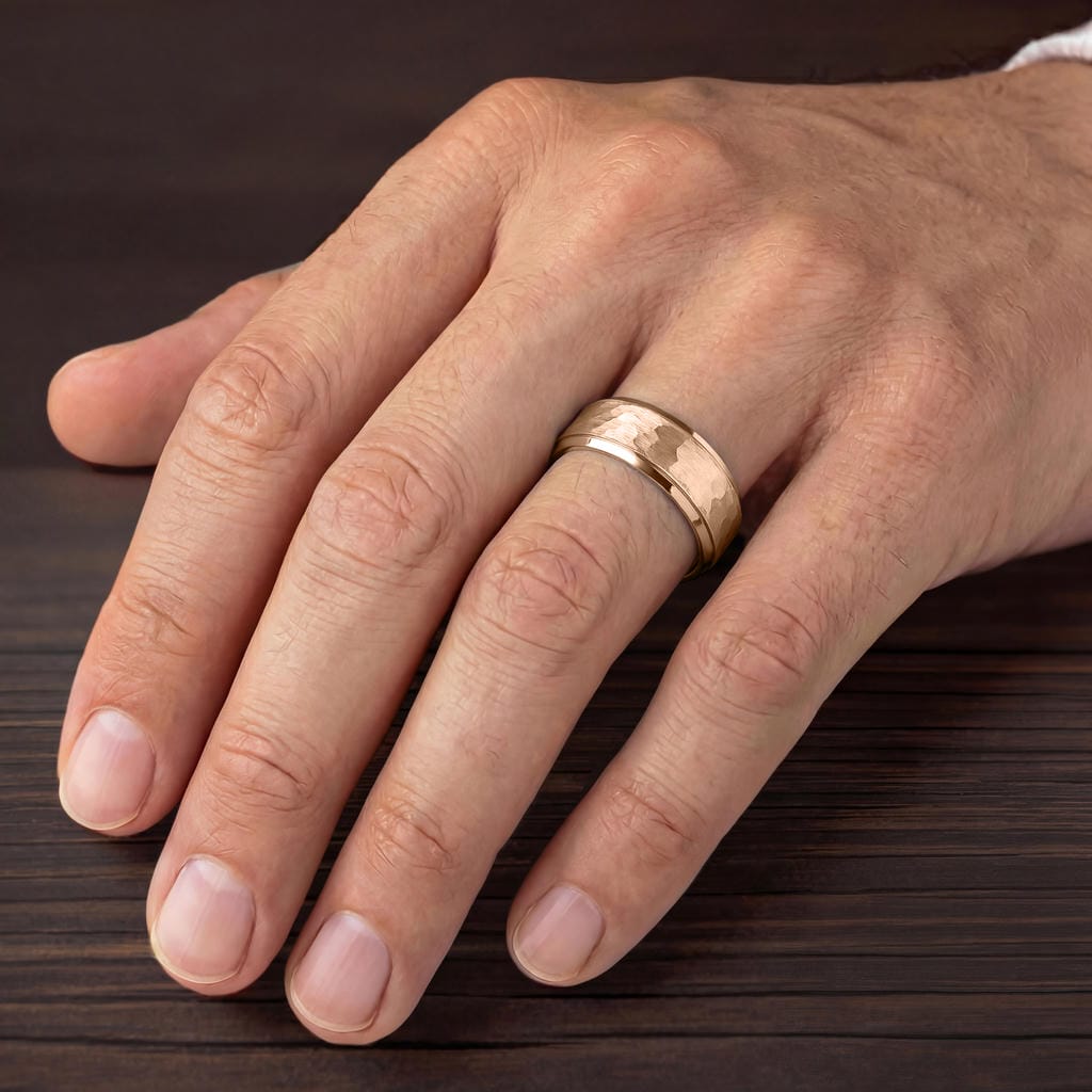 8MM Tungsten Carbide Ring - Hammered Center and Step Edge