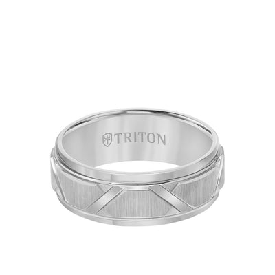 8MM Tungsten Carbide Ring - Wire Brush Center with Diagonal Cuts and Step Edge