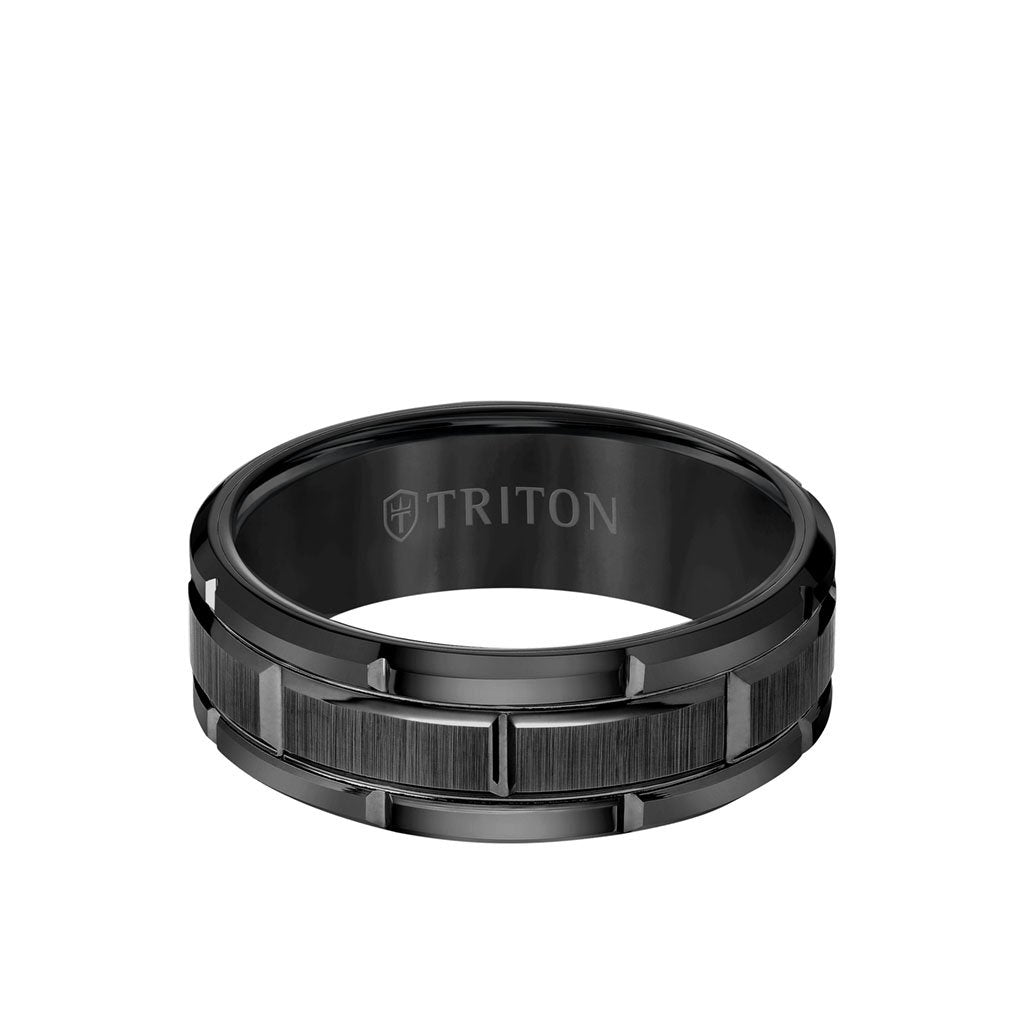 Men's Tungsten Wedding Ring Brick Pattern Flat Edge Triton