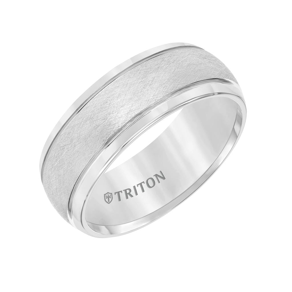 8MM Tungsten Carbide Ring - Domed Wire Brush Center and Flat Edge