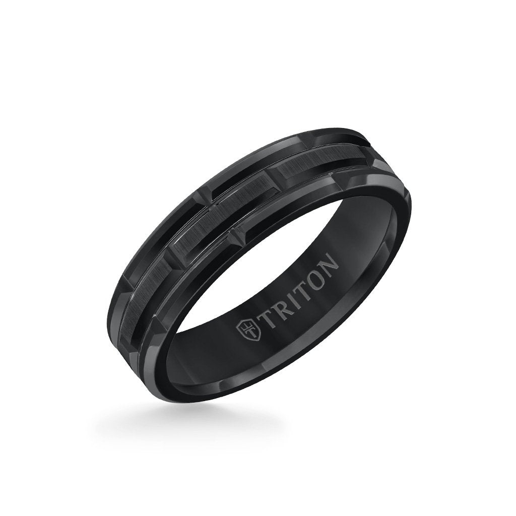 6MM Tungsten Carbide Ring - Brick Pattern Center and Bevel Edge