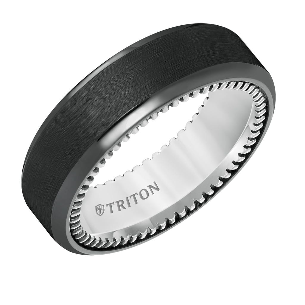 8MM Black Titanium and Sterling Silver Beveled Ring with Coin Edge Texture and Satin Finish