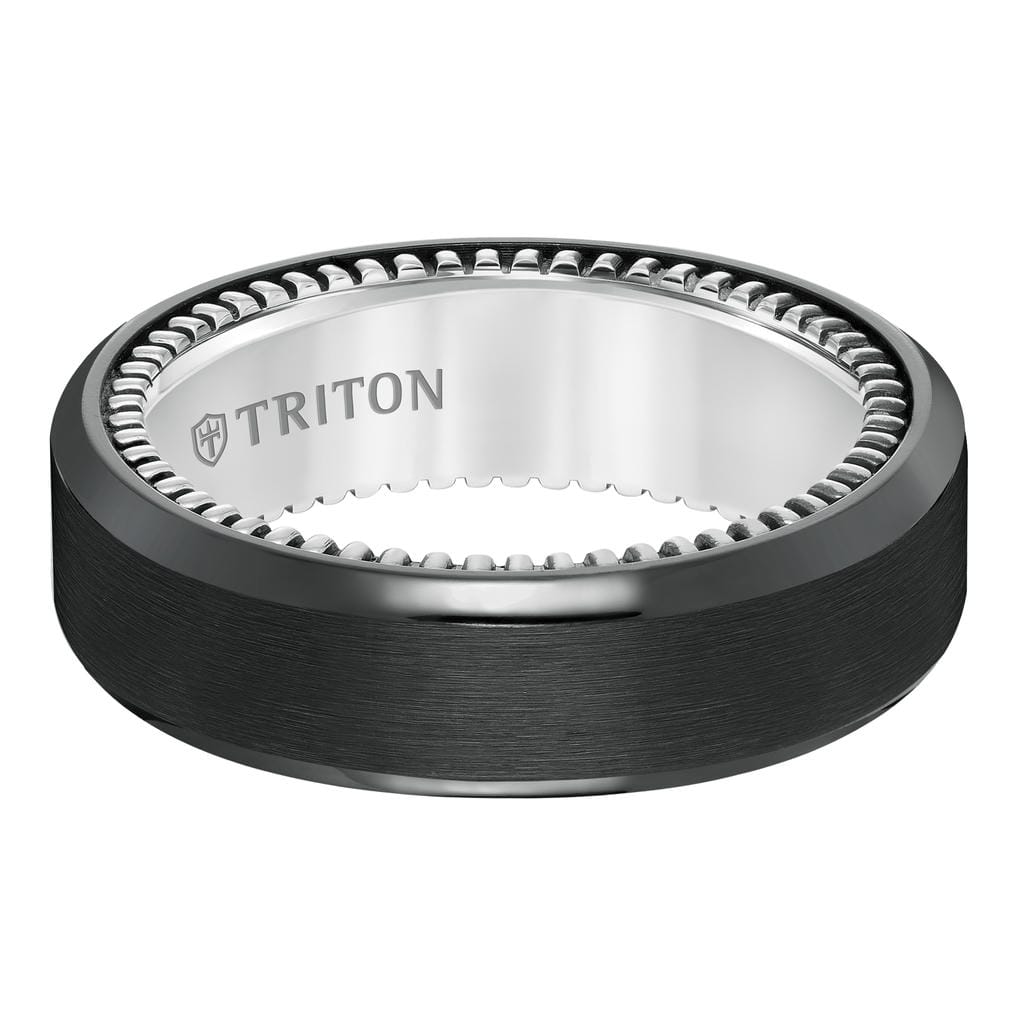 8MM Black Titanium and Sterling Silver Beveled Ring with Coin Edge Texture and Satin Finish