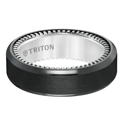 8MM Black Titanium and Sterling Silver Beveled Ring with Coin Edge Texture and Satin Finish