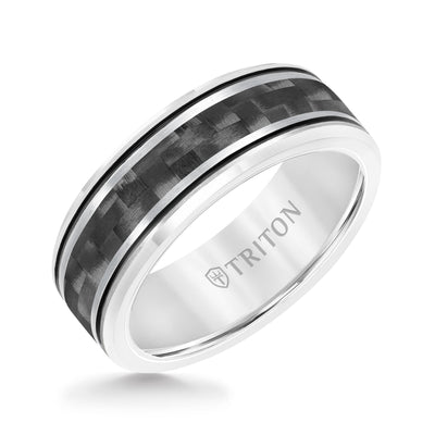 8MM Tungsten & Black Carbon Fiber Ring with Stripe and Bevel Edge