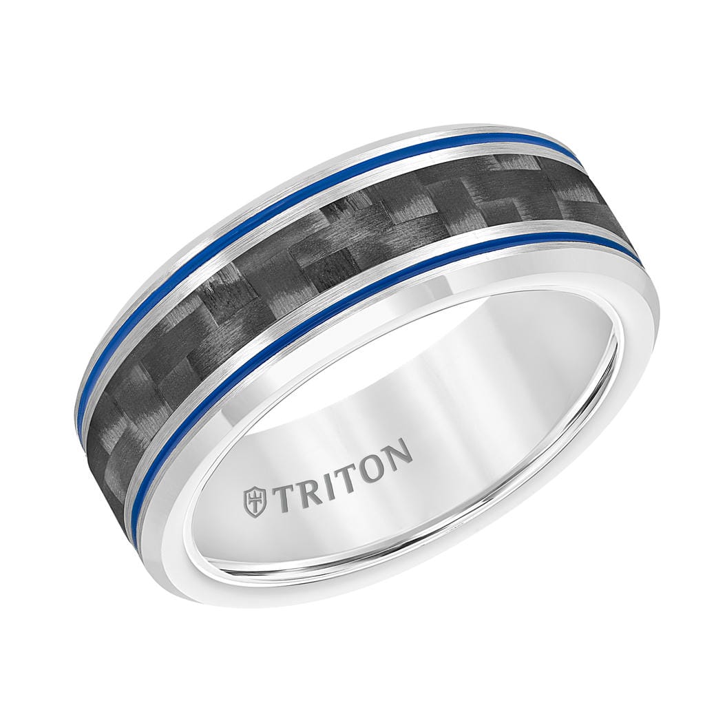 8MM Tungsten & Black Carbon Fiber Ring with Stripe and Bevel Edge