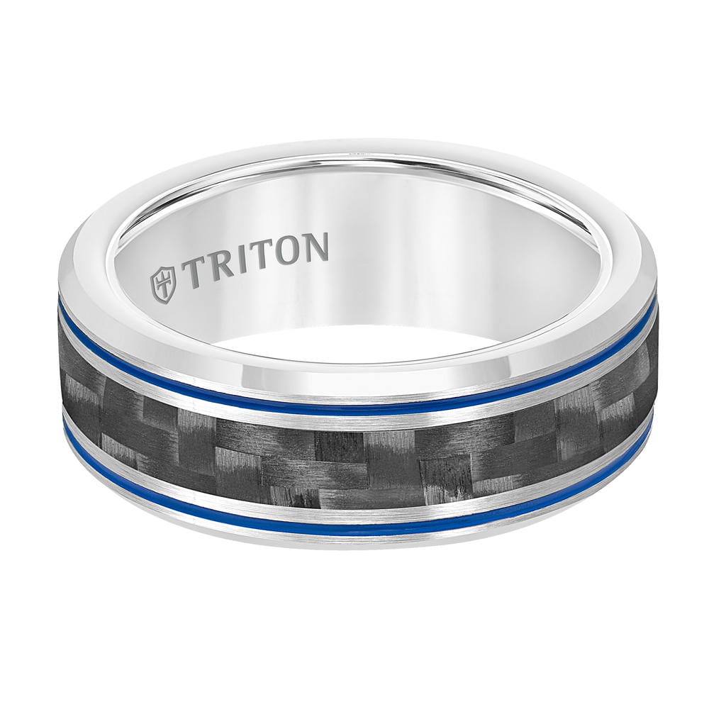 8MM Tungsten & Black Carbon Fiber Ring with Stripe and Bevel Edge