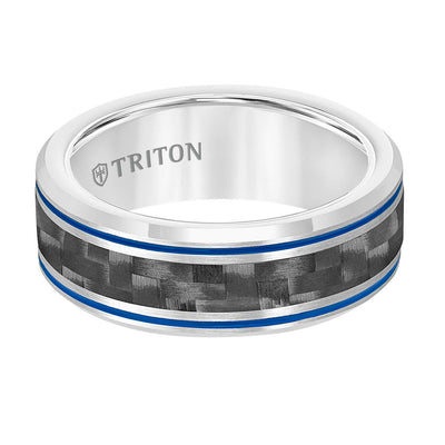 8MM Tungsten & Black Carbon Fiber Ring with Stripe and Bevel Edge
