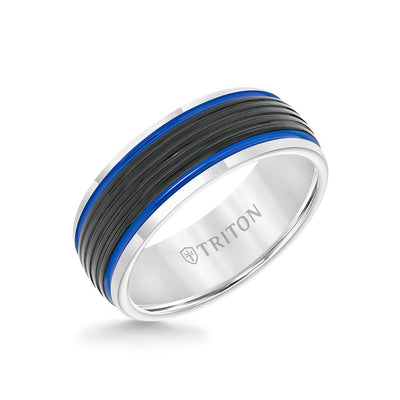 8MM Tungsten Carbide Ring - Ribbed Center Stripe and Bevel Edge