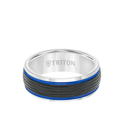 8MM Tungsten Carbide Ring - Ribbed Center Stripe and Bevel Edge