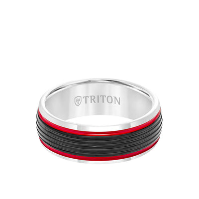 8MM Tungsten Carbide Ring - Ribbed Center Stripe and Bevel Edge