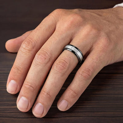 9MM Tungsten Carbide Ring - Grey Sandblasted Distressed Center and Bevel Edge