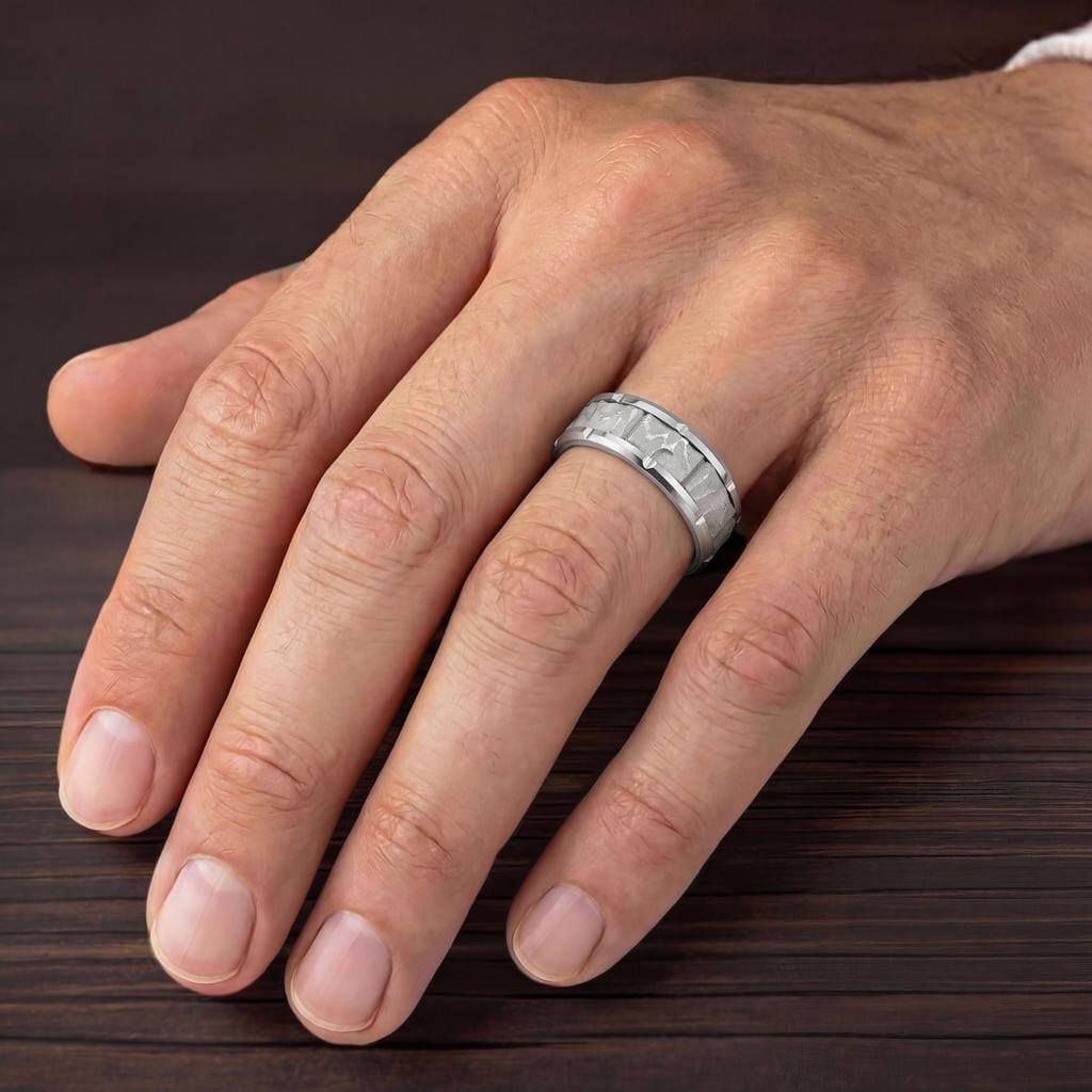 9MM Tungsten Carbide Ring - Sandblasted Distressed Center, Bevel Edge & Bright Rims