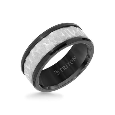 9MM Tungsten Carbide Ring - Sandblasted Distressed Center, Bevel Edge & Polished Rims