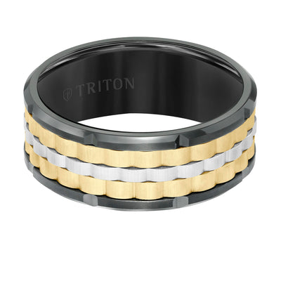 9MM Tungsten Carbide Ring - Basketweave Center & Bevel Edge