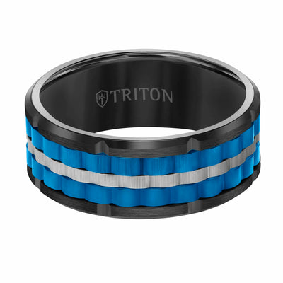 9MM Tungsten Carbide Ring - Basketweave Center & Bevel Edge