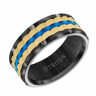 9MM Tungsten Carbide Ring - Basketweave Center & Bevel Edge