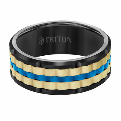 9MM Tungsten Carbide Ring - Basketweave Center & Bevel Edge