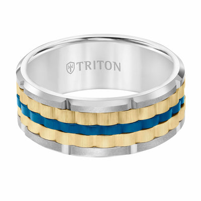 9MM Tungsten Carbide Ring - Basketweave Center & Bevel Edge