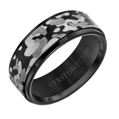 8MM Balck Tungsten Carbide Ring - Camo Pattern and Flat Edge