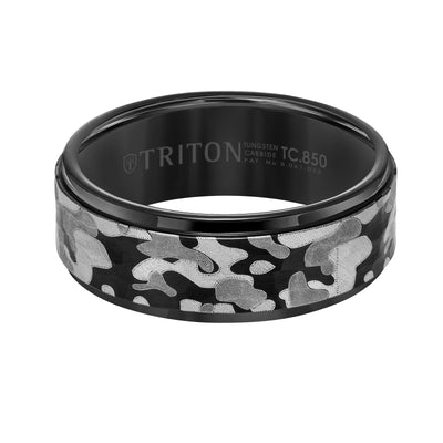 8MM Black Tungsten Carbide Ring - Camo Pattern and Flat Edge