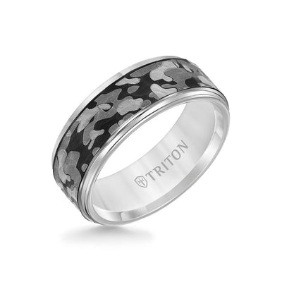 8MM Grey Tungsten Carbide Ring - Camo Pattern and Flat Edge