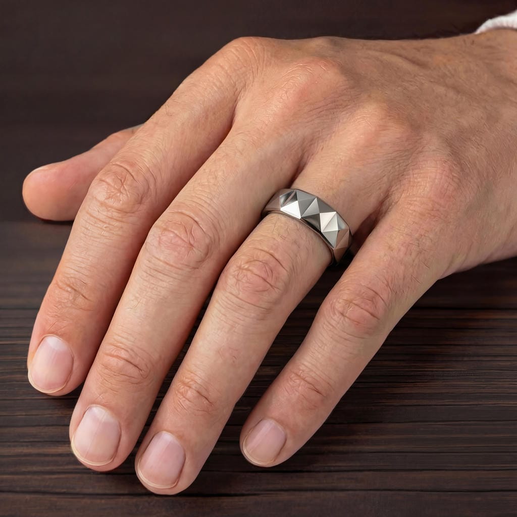 7MM Tungsten Carbide Ring - Faceted Pyramid Pattern and Round Edge