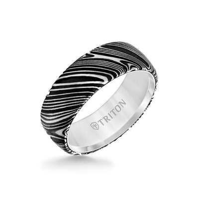 8MM White Tungsten Carbide Ring with Damascus Steel