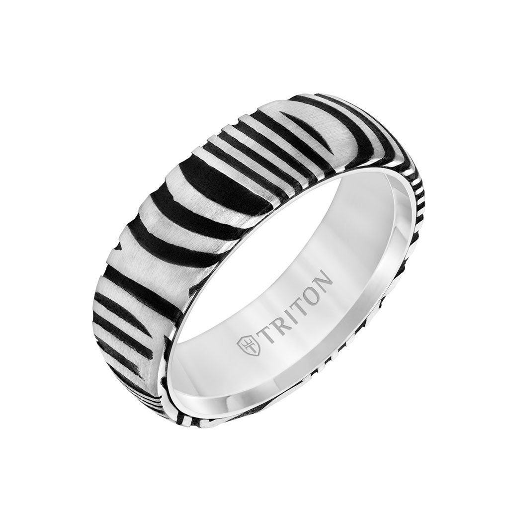 7MM White Tungsten Carbide Ring with Damascus Steel
