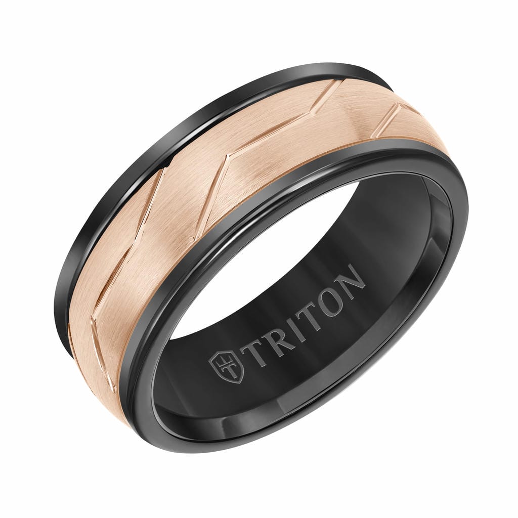 8MM Black Tungsten Ring with Rose Woven Insert and Rounded Edge