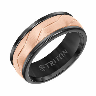 8MM Black Tungsten Ring with Rose Woven Insert and Rounded Edge