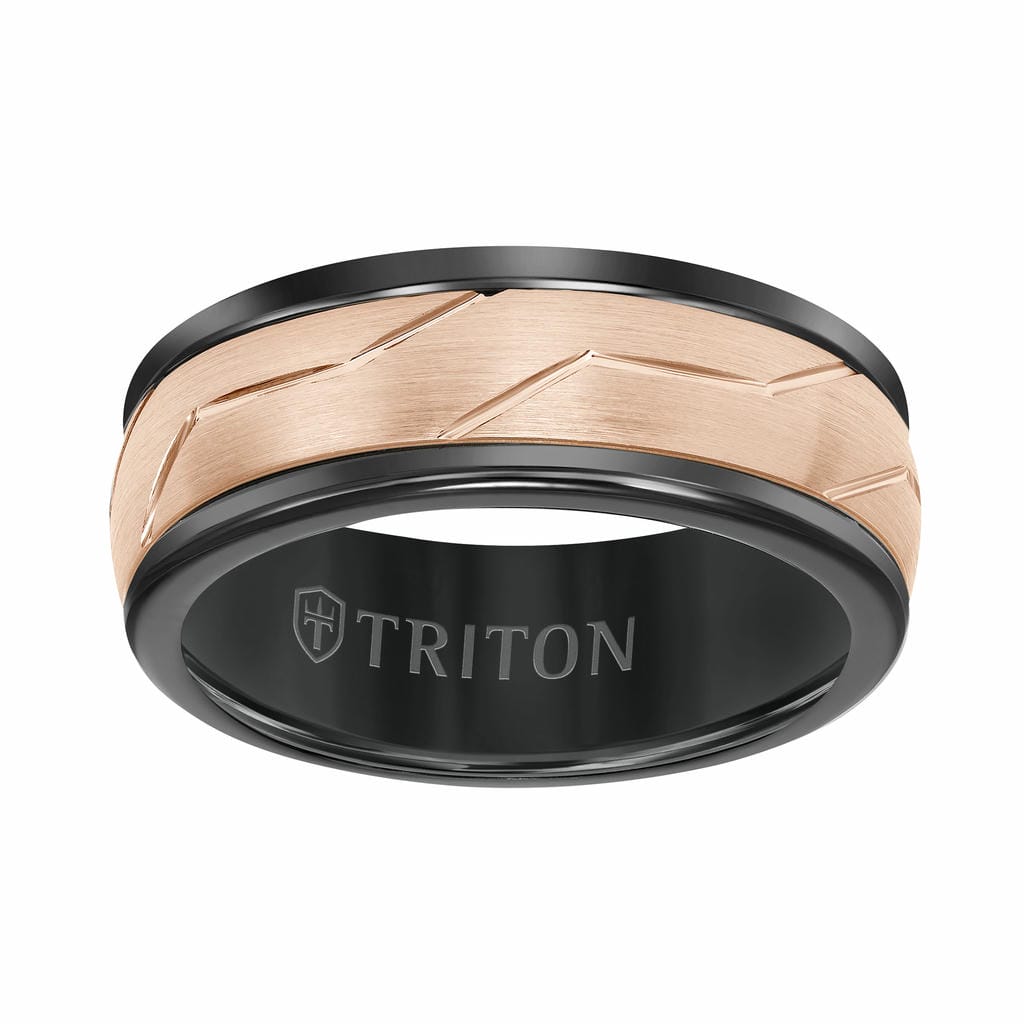 8MM Black Tungsten Ring with Rose Woven Insert and Rounded Edge