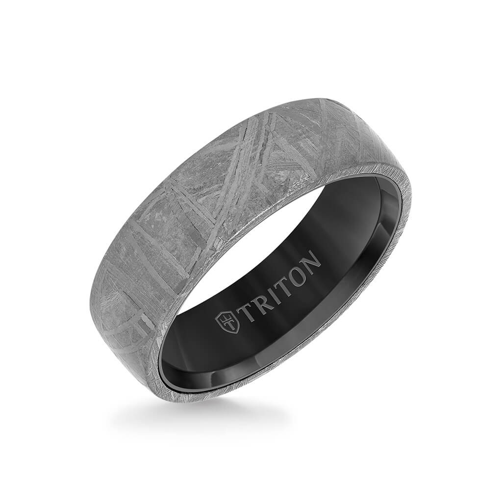 7MM Tungsten Carbide Ring - Meteorite Low Dome and Flat Edge